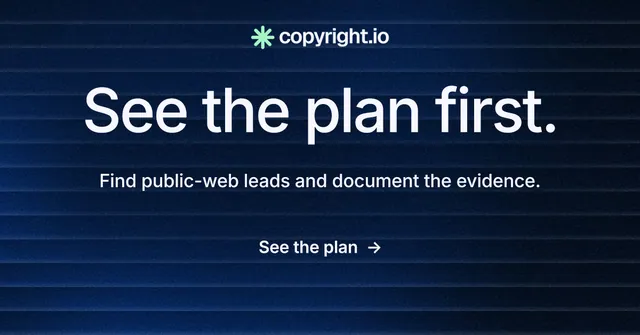 Social ad for copyright.io: "See the plan first." Minimal luxury style, centred layout, dark palette in black, blue, grey.
