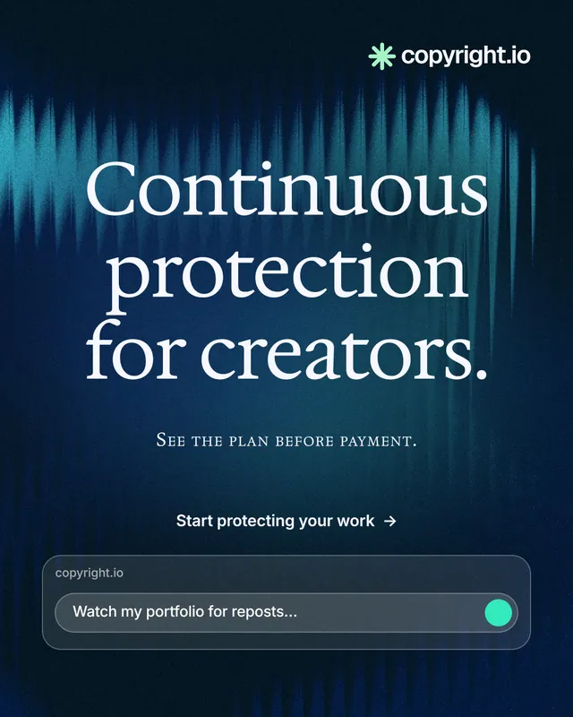 Instagram portrait post for copyright.io: "Continuous protection for creators." Agentic glass style, smallcaps layout, dark palette in blue, black.