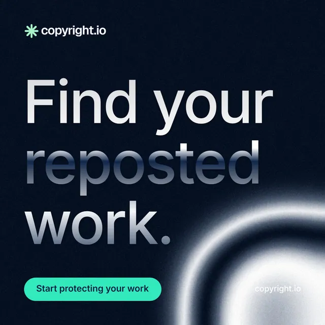 Instagram post for copyright.io: "Find your reposted work." Y2K style, poster layout, dark palette in black, grey, blue.