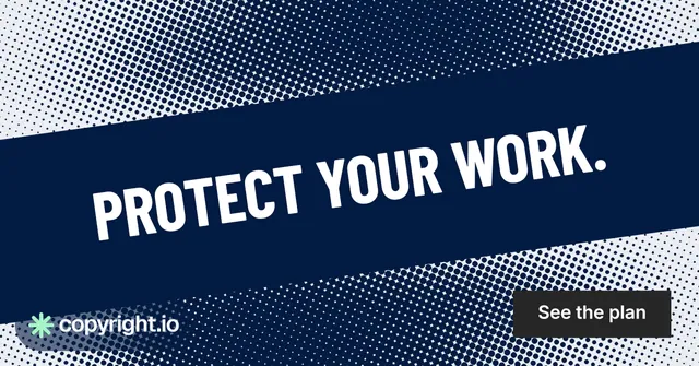 Social ad for copyright.io: "Protect your work." Retro print style, diagonal layout, dark palette in blue, grey.