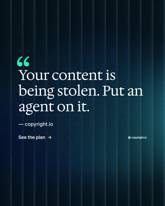 Instagram portrait post for copyright.io: "Your content is being stolen." Minimal luxury style, quote layout, dark palette in black, blue.