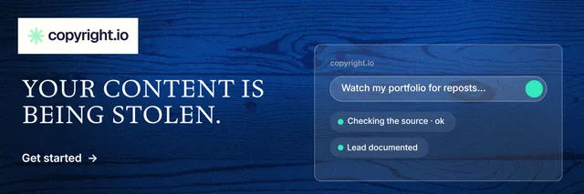X header for copyright.io: "Your content is being stolen." Minimal luxury style, bottom layout, dark palette in blue.
