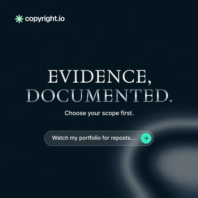 Instagram post for copyright.io: "Evidence, documented." Agentic glass style, centred layout, dark palette in black, blue.
