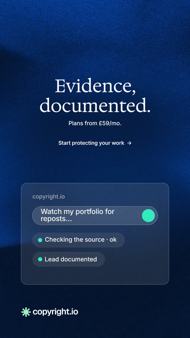 Instagram story for copyright.io: "Evidence, documented." Minimal luxury style, centred layout, dark palette in blue, black.