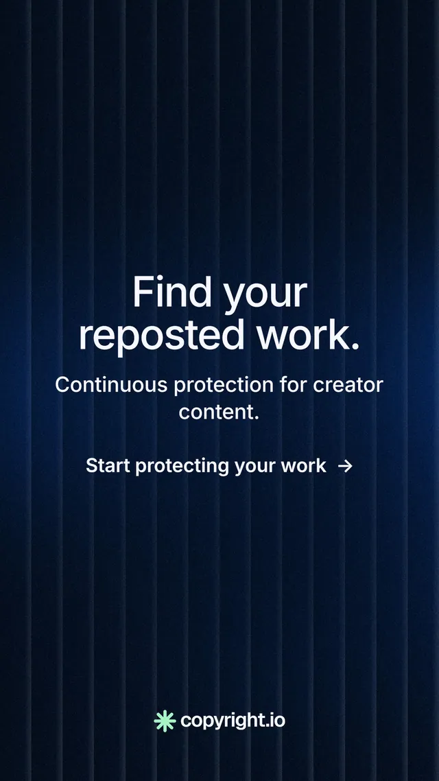 Instagram story for copyright.io: "Find your reposted work." Minimal luxury style, skeleton layout, dark palette in black, blue.