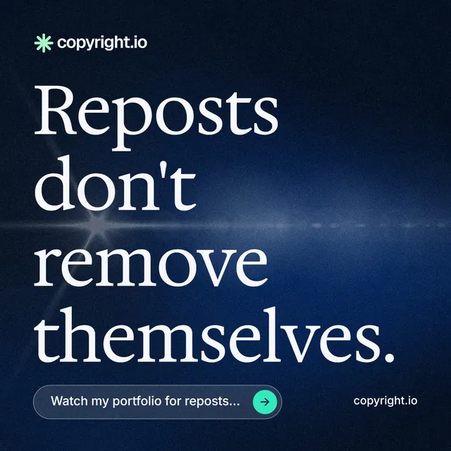 Instagram post for copyright.io: "Reposts don't remove themselves." Agentic glass style, poster layout, dark palette in blue, black.