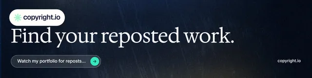 LinkedIn banner for copyright.io: "Find your reposted work." Agentic glass style, poster layout, dark palette in blue, black, grey.