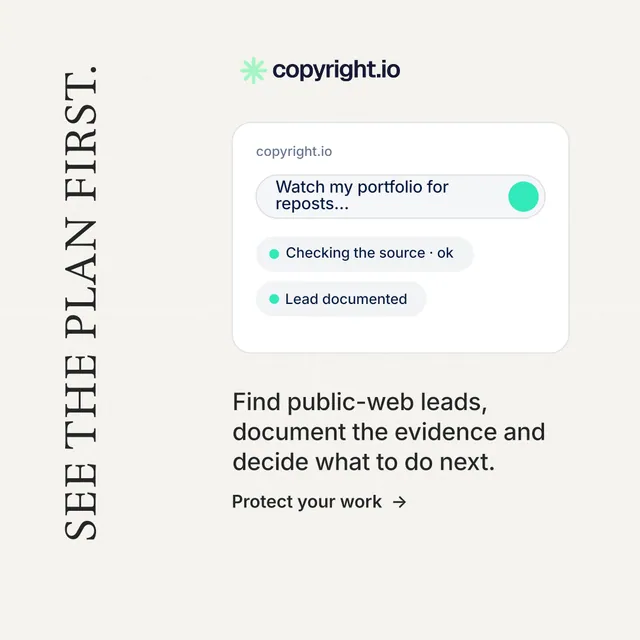 Instagram post for copyright.io: "See the plan first." Minimal luxury style, vertical layout, light palette in white.