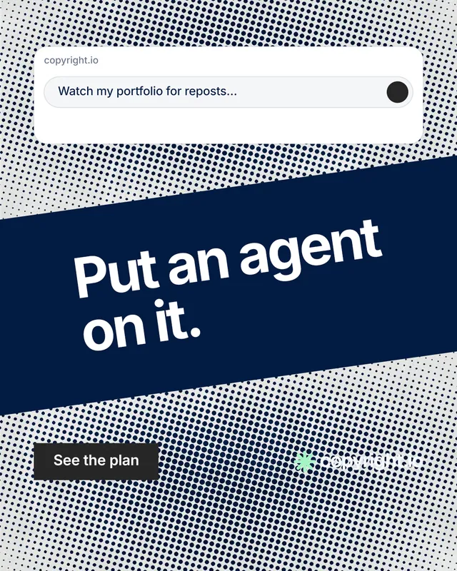 Instagram portrait post for copyright.io: "Put an agent on it." Swiss style, diagonal layout, light palette in grey, blue, white.