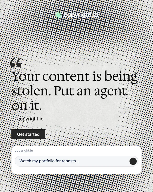 Instagram portrait post for copyright.io: "Continuous protection for creators." Swiss style, quote layout, light palette in grey, white.