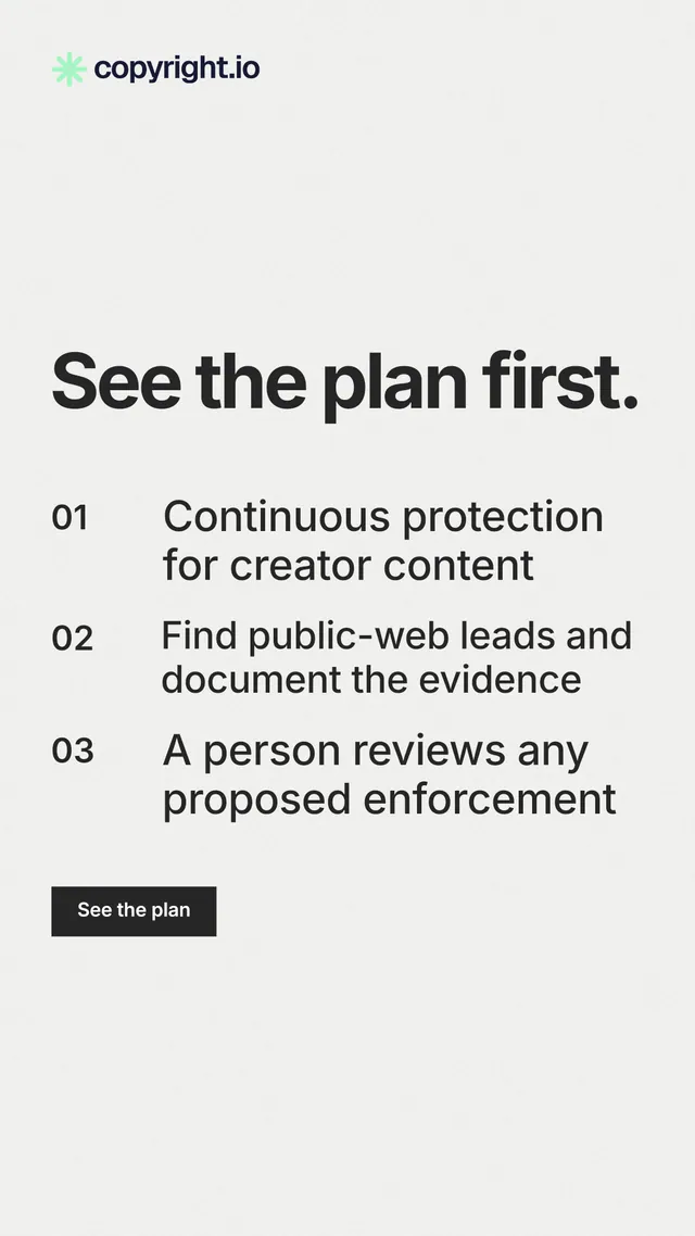 Instagram story for copyright.io: "See the plan first." Swiss style, numbered layout, light palette in white.