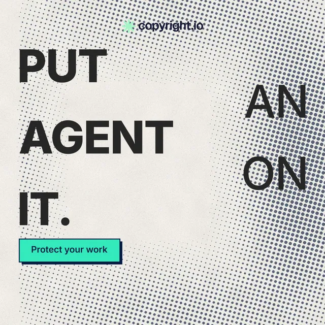 Instagram post for copyright.io: "Put an agent on it." Brutalist style, stacked layout, light palette in grey, orange, white.