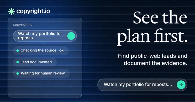 Social ad for copyright.io: "See the plan first." Agentic glass style, right layout, dark palette in blue, black.