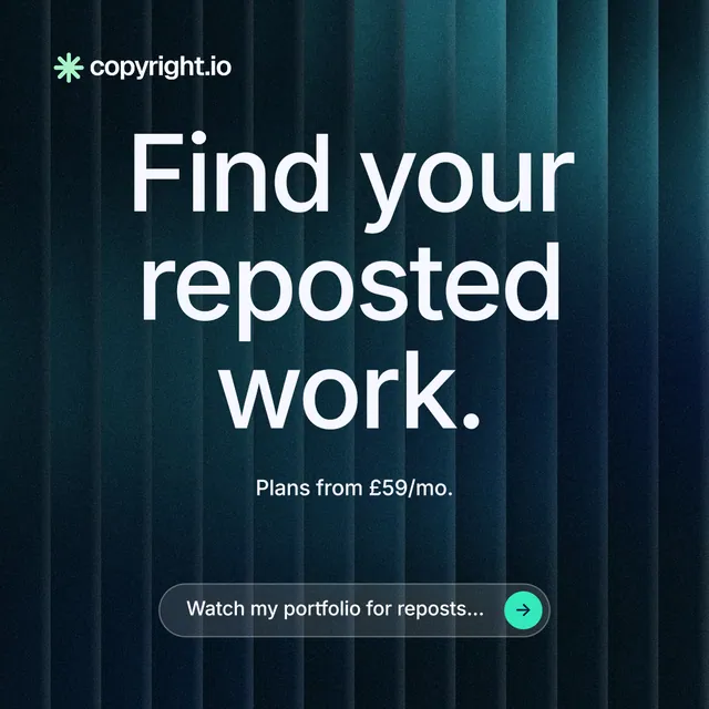 Instagram post for copyright.io: "Find your reposted work." Agentic glass style, centred layout, dark palette in blue, black.