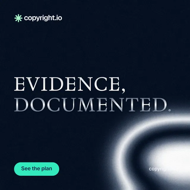 Instagram post for copyright.io: "Evidence, documented." Y2K style, poster layout, dark palette in black, grey.