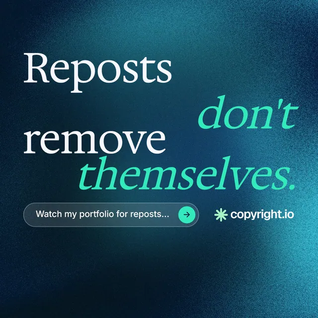 Instagram post for copyright.io: "Reposts don't remove themselves." Agentic glass style, stacked layout, dark palette in black, blue, teal.