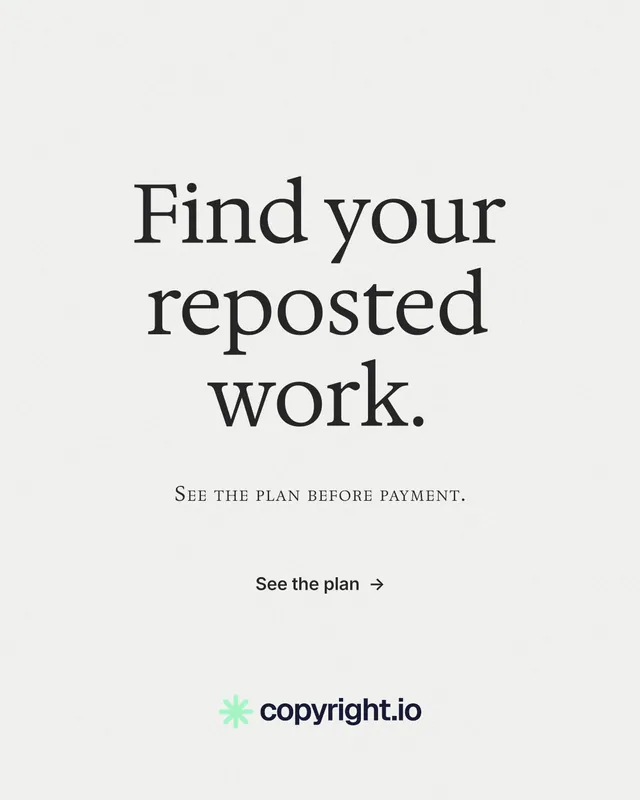 Instagram portrait post for copyright.io: "Find your reposted work." Minimal luxury style, smallcaps layout, light palette in white.