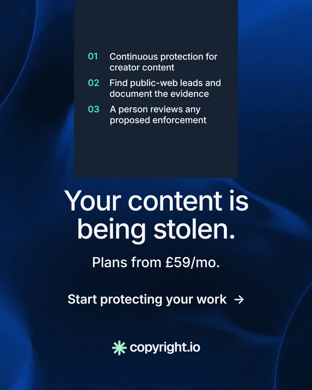 Instagram portrait post for copyright.io: "Your content is being stolen." Minimal luxury style, skeleton layout, dark palette in blue, black.