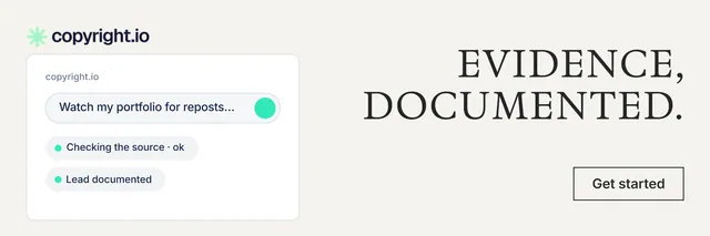 X header for copyright.io: "Evidence, documented." Editorial style, right layout, light palette in white.