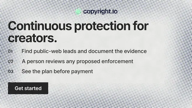 Landscape graphic for copyright.io: "Continuous protection for creators." Swiss style, numbered layout, light palette in grey, white.