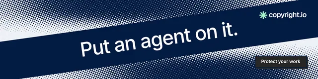 LinkedIn banner for copyright.io: "Put an agent on it." Brutalist style, diagonal layout, dark palette in blue, grey.