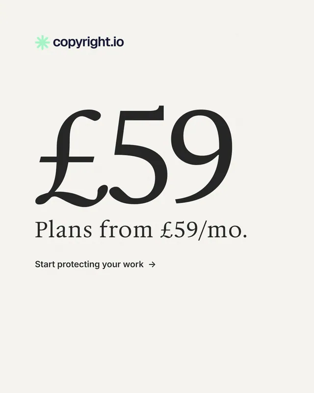 Instagram portrait post for copyright.io: "Continuous protection for creators." Minimal luxury style, stat layout, light palette in white, grey.