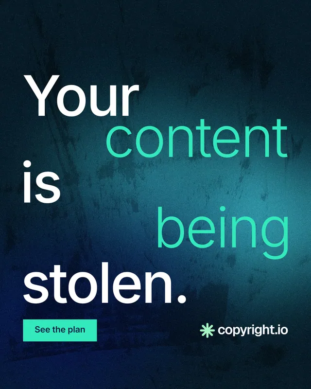 Instagram portrait post for copyright.io: "Your content is being stolen." Swiss style, stacked layout, dark palette in black, blue, teal.