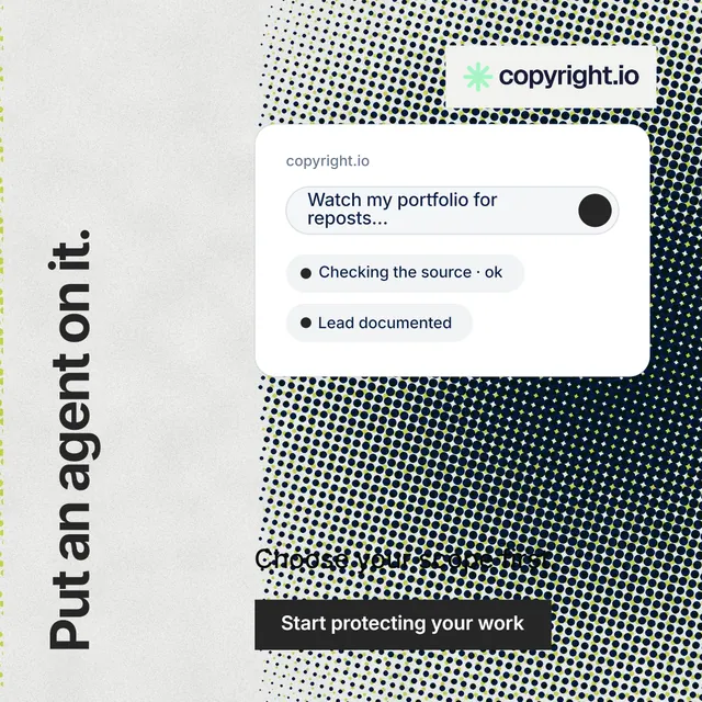 Instagram post for copyright.io: "Put an agent on it." Swiss style, vertical layout, light palette in white, grey.