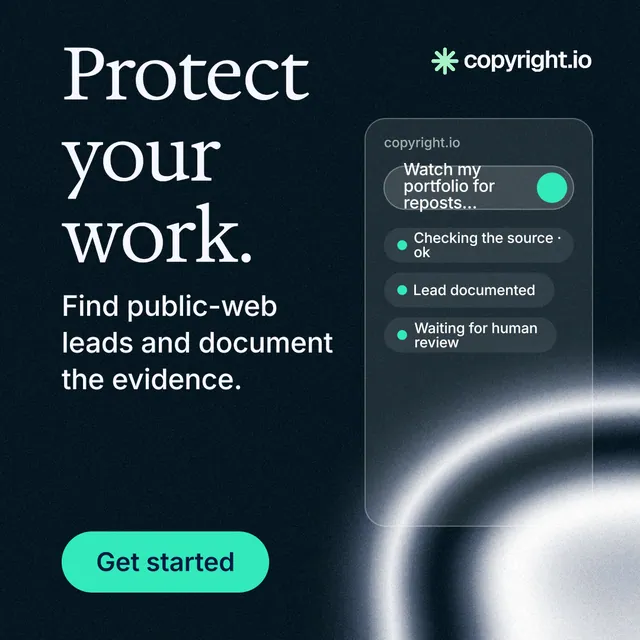 Instagram post for copyright.io: "Protect your work." Agentic glass style, skeleton layout, dark palette in blue, black, grey.