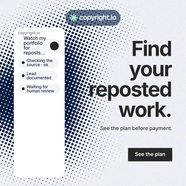 Instagram post for copyright.io: "Find your reposted work." Swiss style, right layout, light palette in white, grey.