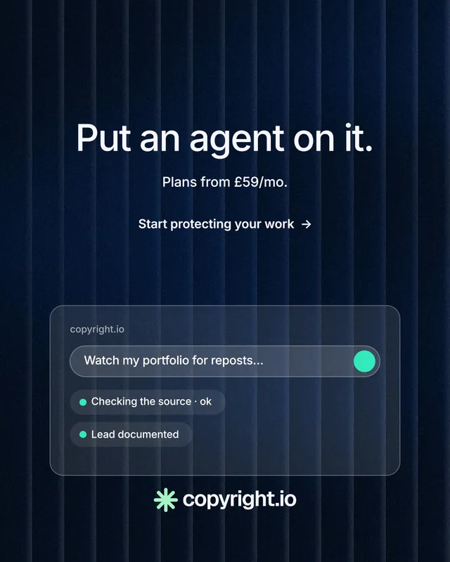 Instagram portrait post for copyright.io: "Put an agent on it." Minimal luxury style, centred layout, dark palette in blue, black.