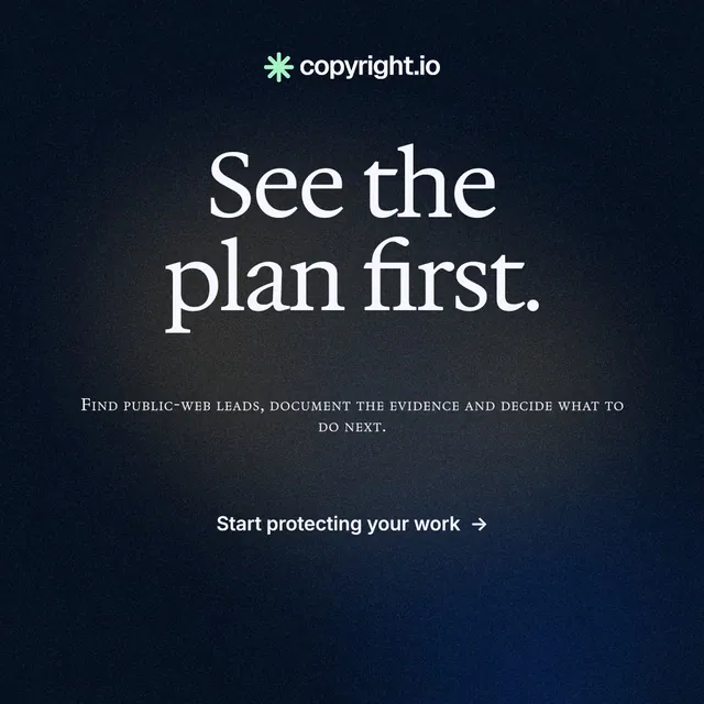 Instagram post for copyright.io: "See the plan first." Agentic glass style, smallcaps layout, dark palette in blue, black, grey.