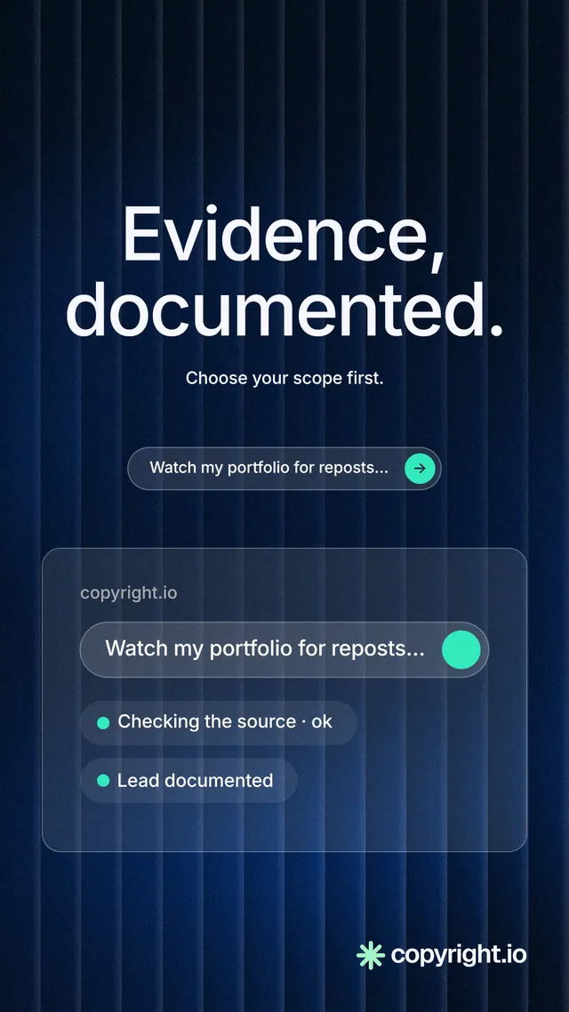 Instagram story for copyright.io: "Evidence, documented." Agentic glass style, centred layout, dark palette in blue, black.