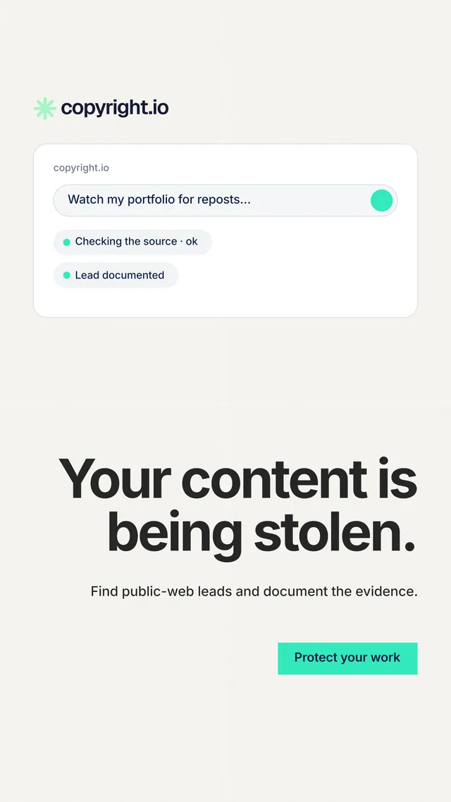 Instagram story for copyright.io: "Your content is being stolen." Swiss style, right layout, light palette in white, grey.