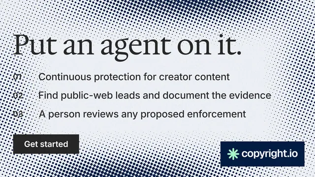 Landscape graphic for copyright.io: "Put an agent on it." Split block style, numbered layout, light palette in grey, white.