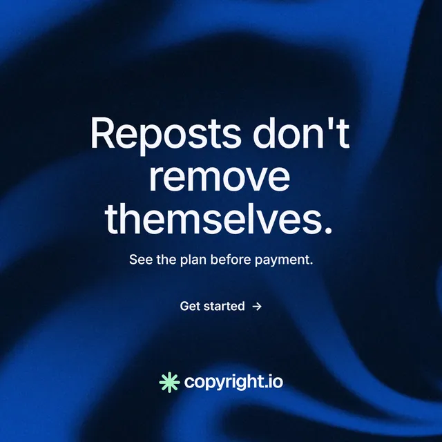 Instagram post for copyright.io: "Reposts don't remove themselves." Minimal luxury style, centred layout, dark palette in blue, black.