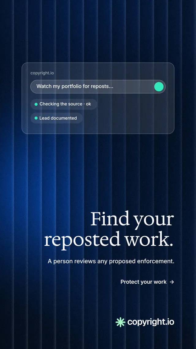 Instagram story for copyright.io: "Find your reposted work." Minimal luxury style, right layout, dark palette in black, blue.