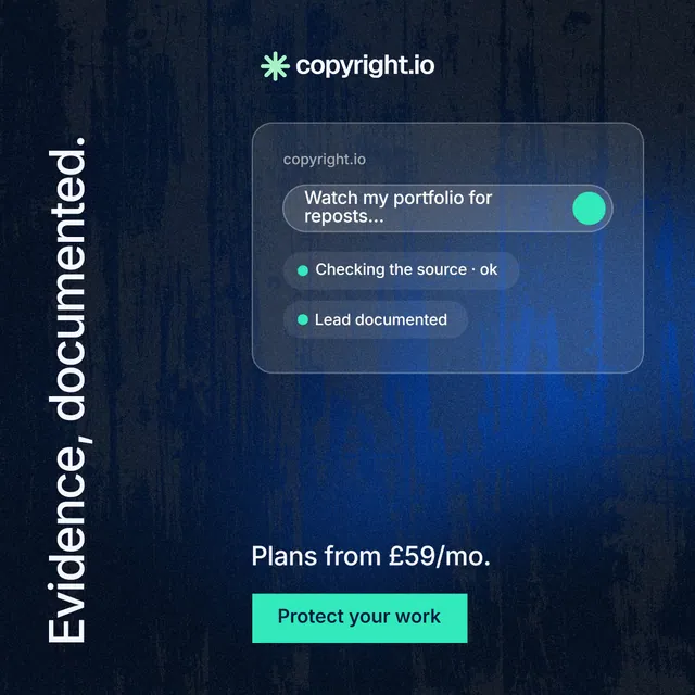 Instagram post for copyright.io: "Evidence, documented." Swiss style, vertical layout, dark palette in blue, black.