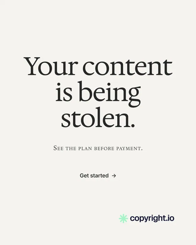 Instagram portrait post for copyright.io: "Your content is being stolen." Minimal luxury style, smallcaps layout, light palette in white, grey.