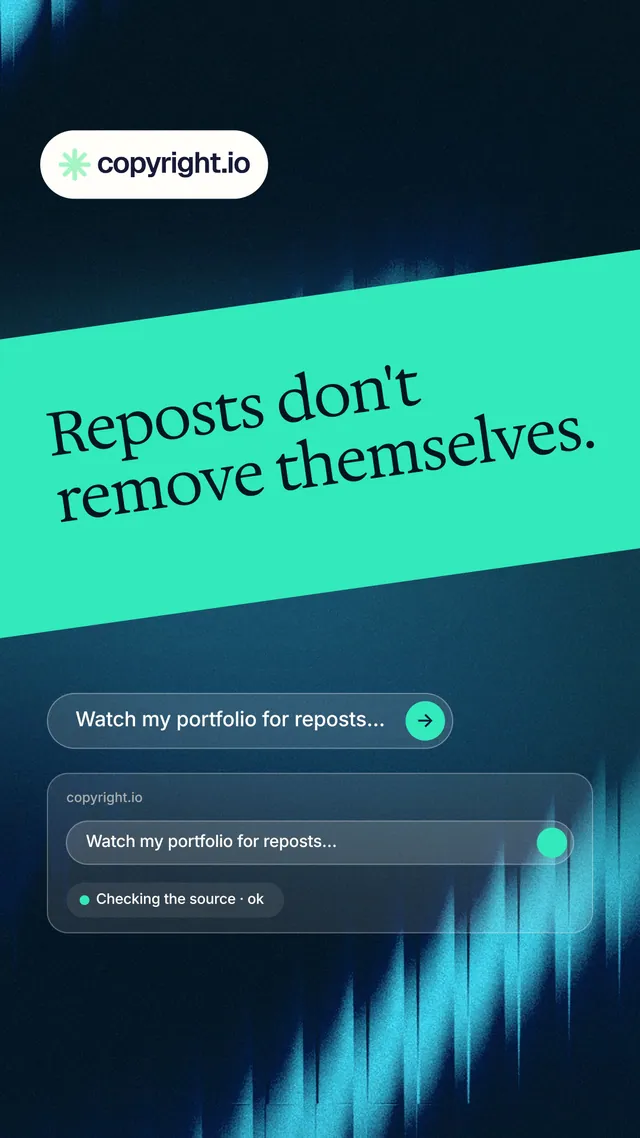 Instagram story for copyright.io: "Reposts don't remove themselves." Agentic glass style, diagonal layout, dark palette in teal, black, blue.