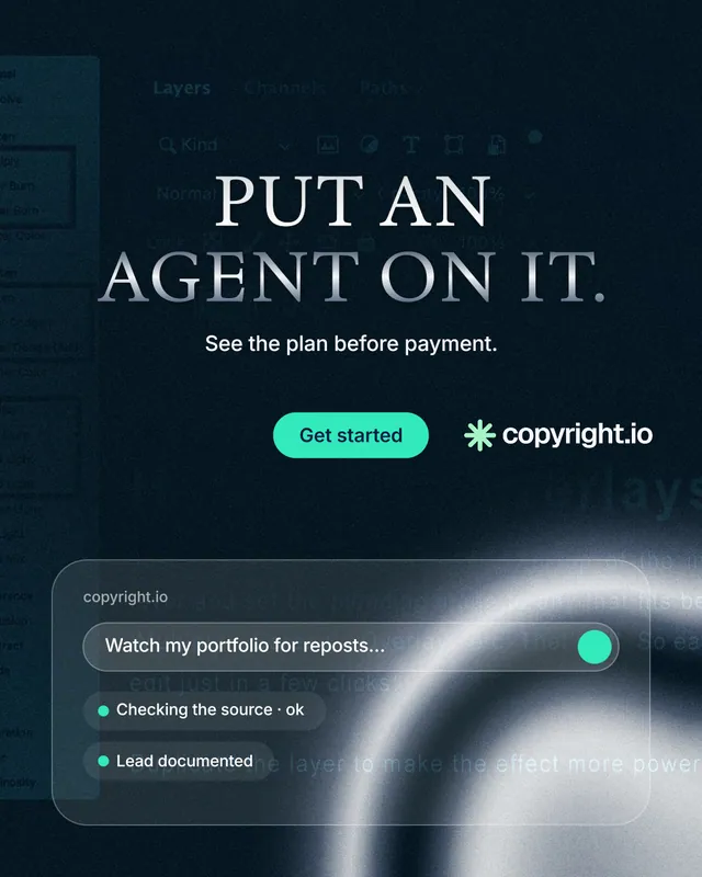 Instagram portrait post for copyright.io: "Put an agent on it." Y2K style, centred layout, dark palette in black, blue, grey.