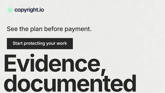 Landscape graphic for copyright.io: "Evidence, documented." Swiss style, oversized layout, light palette in white, grey.