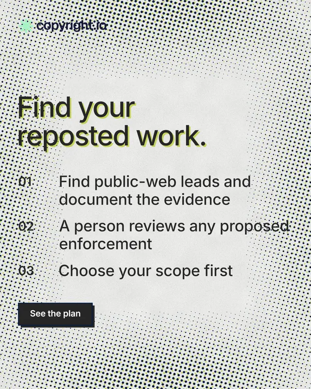 Instagram portrait post for copyright.io: "Find your reposted work." Brutalist style, numbered layout, light palette in grey, white.