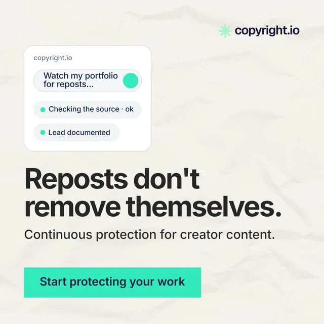 Instagram post for copyright.io: "Reposts don't remove themselves." Swiss style, skeleton layout, light palette in white, grey, green.