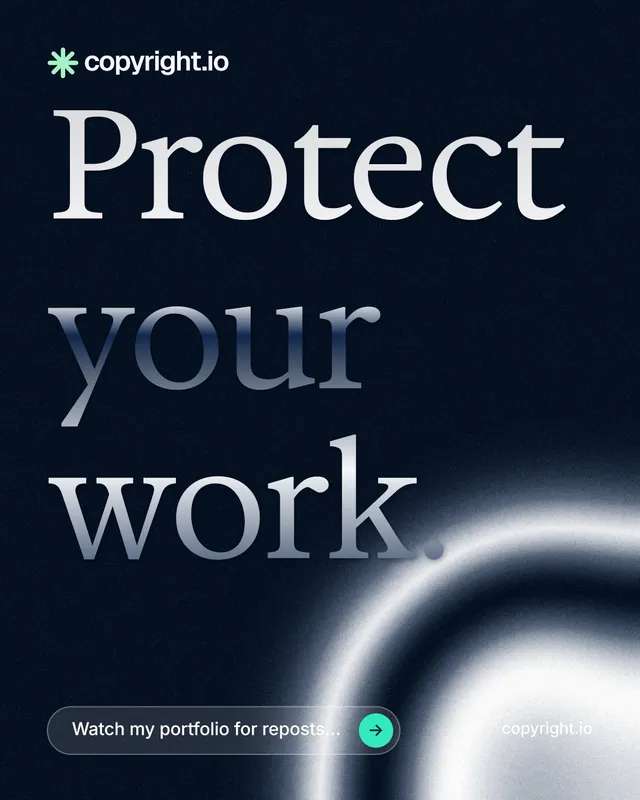 Instagram portrait post for copyright.io: "Protect your work." Agentic glass style, poster layout, dark palette in black, grey, blue.