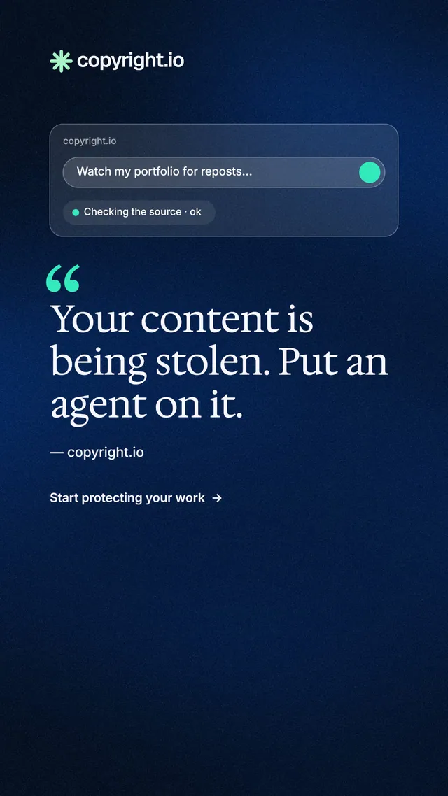 Instagram story for copyright.io: "Put an agent on it." Minimal luxury style, quote layout, dark palette in blue, black.