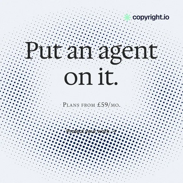 Instagram post for copyright.io: "Put an agent on it." Split block style, smallcaps layout, light palette in blue, white, grey.