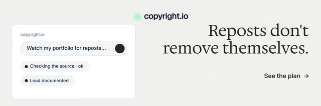 X header for copyright.io: "Reposts don't remove themselves." Minimal luxury style, right layout, light palette in white.