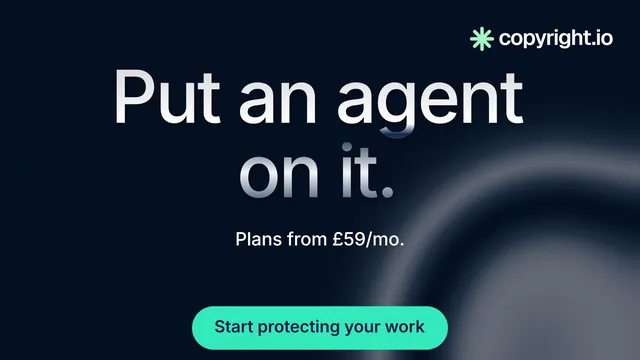 Landscape graphic for copyright.io: "Put an agent on it." Y2K style, centred layout, dark palette in black, grey, blue.