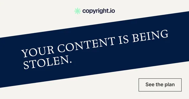Social ad for copyright.io: "Your content is being stolen." Editorial style, diagonal layout, light palette in white, blue.